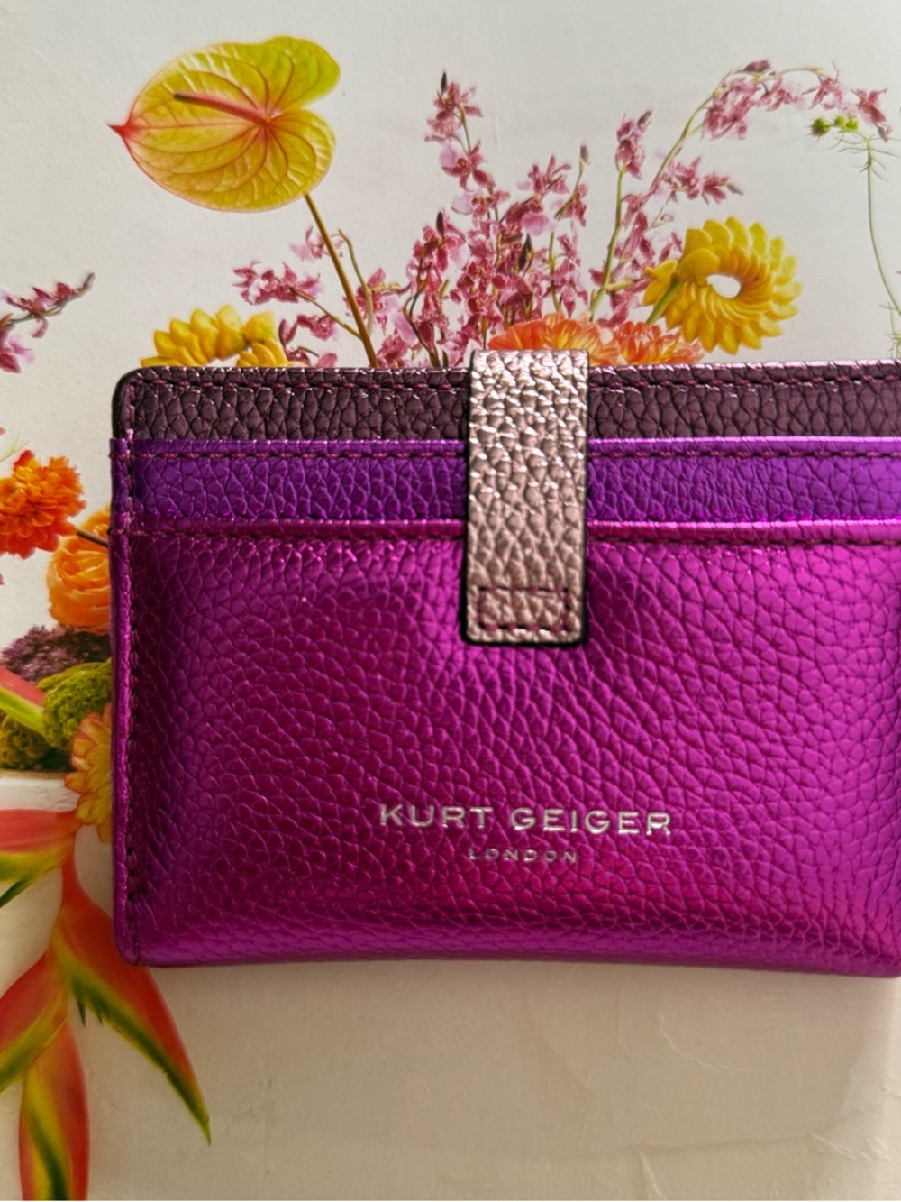 Kurt Geiger Metallic Fuchsia Leather Card Wallet with Gold Strap - Picture 10 of 15